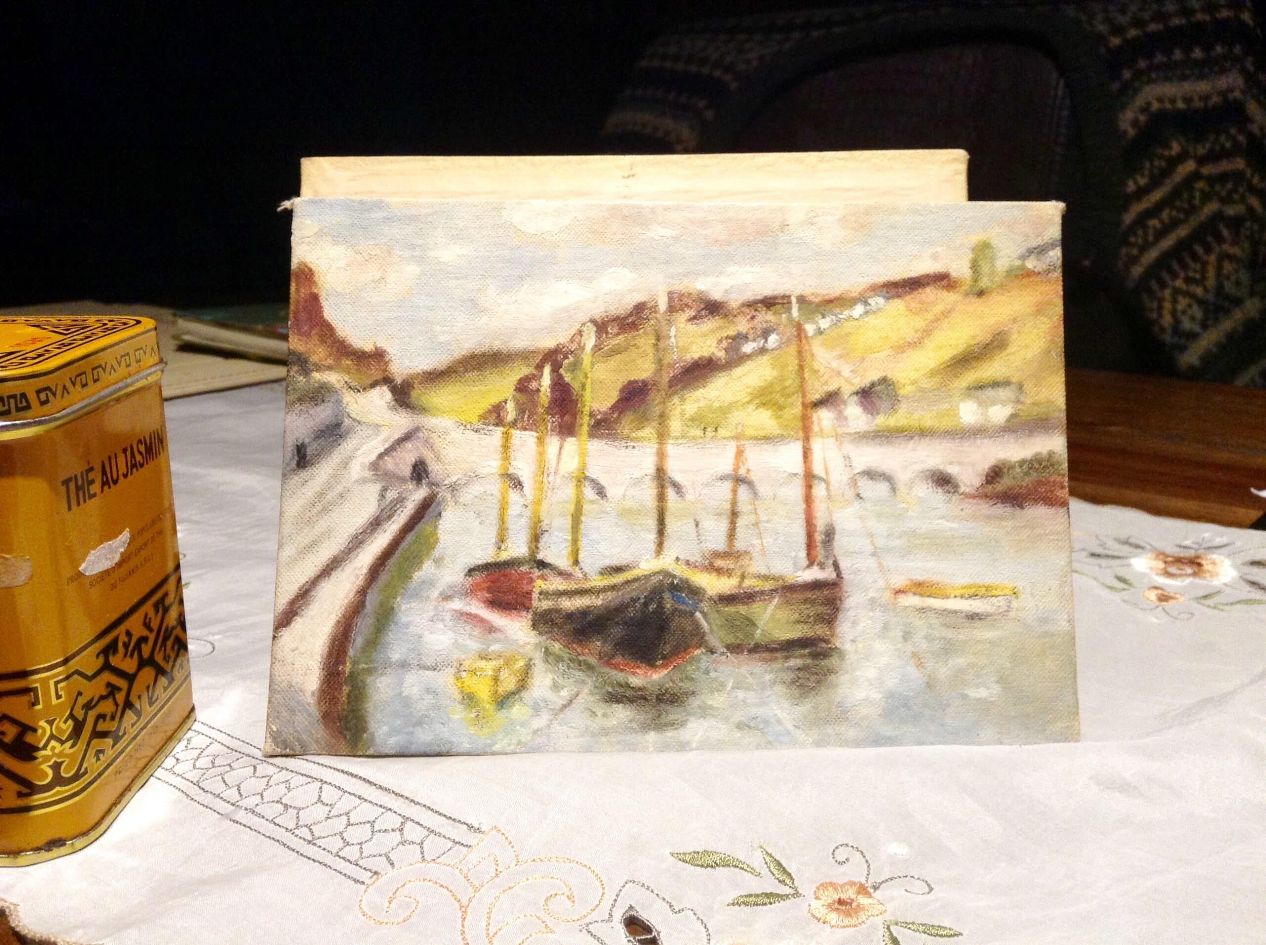 Peinture Tableau, Pastel: Un petit tableau ,paysage et bateau 1948 signée à l’arrière   (Marion