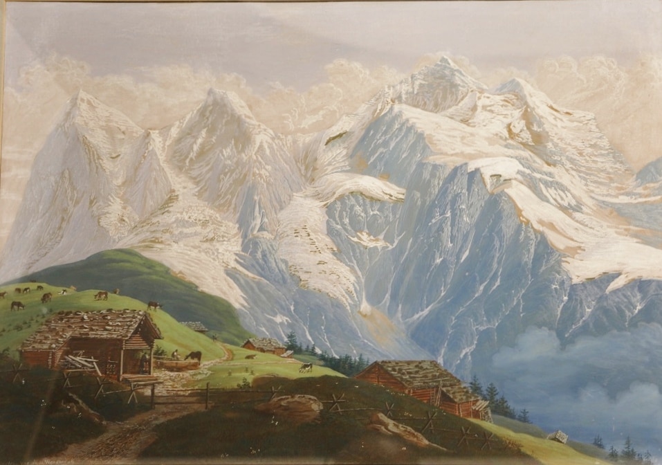 Peinture Tableau, Pastel: scéne d’alpage devant l’Eiger , le Monch et la Jungfrau.