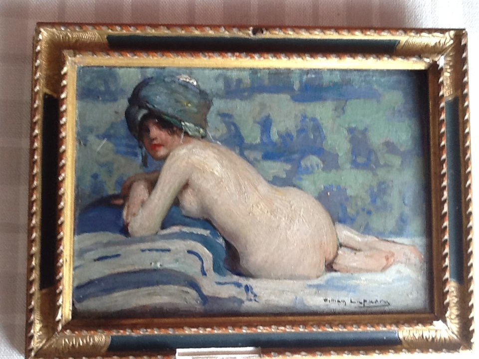 Peinture Tableau, Pastel: Huile de William Laparra femme au turban vert nue de dos