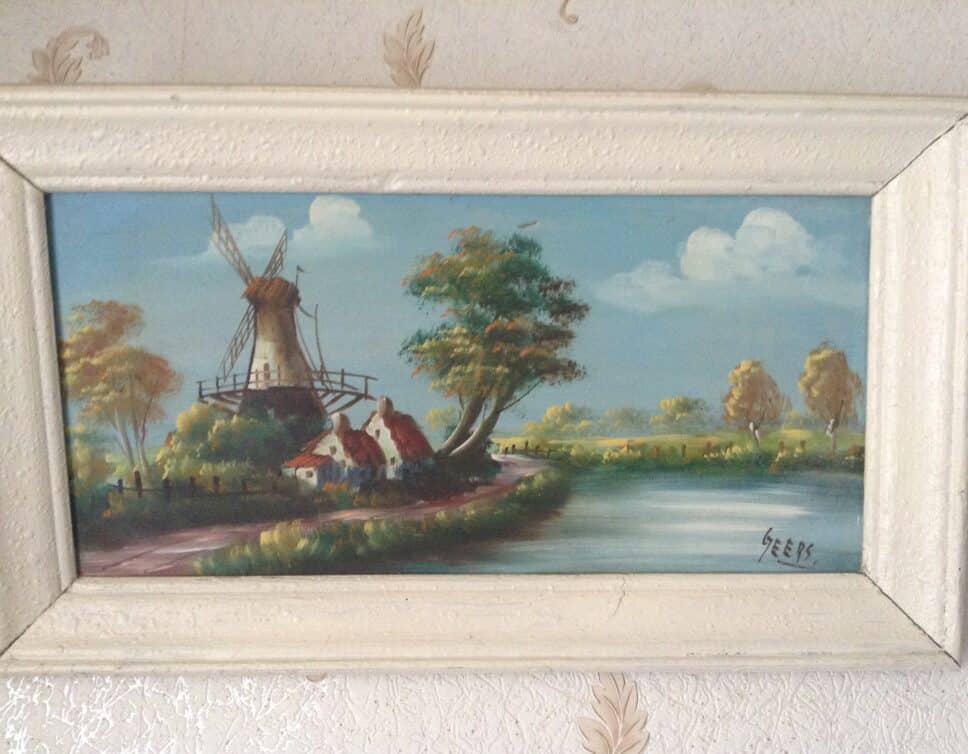 Peinture Tableau, Pastel: Moulin sur le bord d’un fleuve