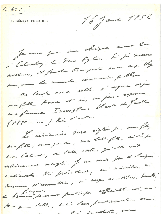 Estimation Livre, manuscrit: lettre general de gaulle ex n°1 obseques