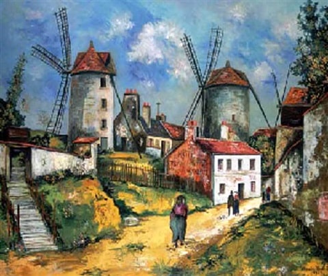 Peinture Tableau, Pastel: Les anciens moulins de Montmartre et la ferme Debray , 1923