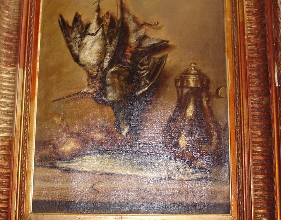 Peinture Tableau, Pastel: tableau ancien nature morte au gibiers et  brochet