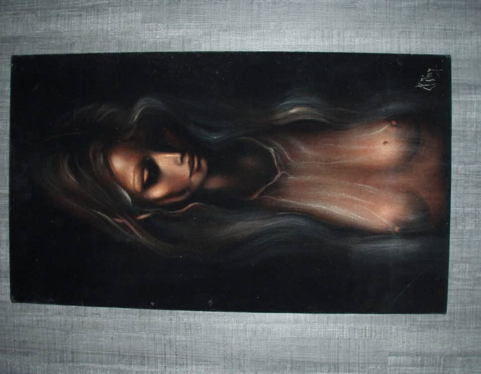 Peinture Tableau, Pastel: Peinture sur velour femme nue