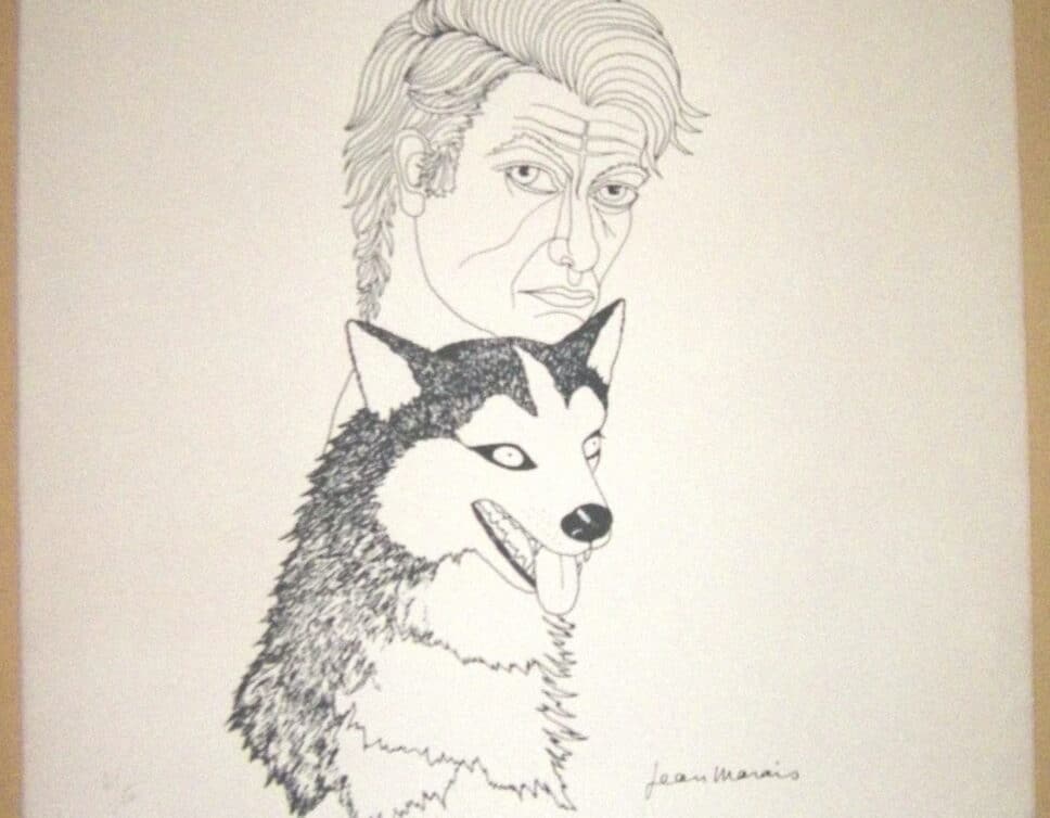 dessin  autoportrait  jean marais  et son chien