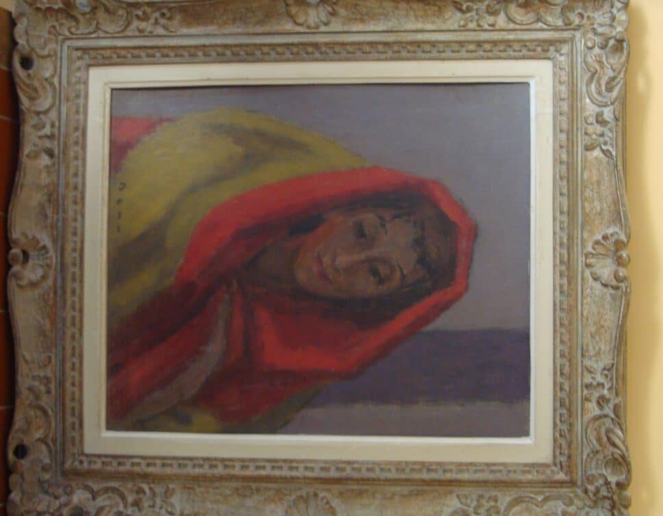 Peinture Tableau, Pastel: femme au chale rouge et jaune