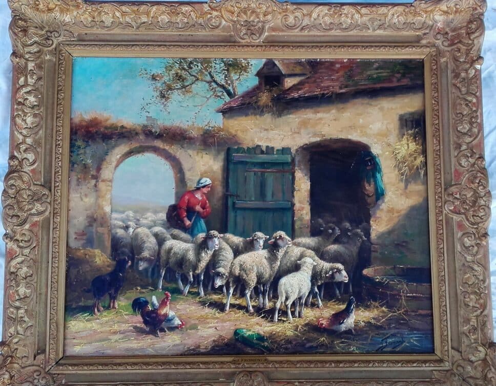 Peinture Tableau, Pastel: Bergère et ses moutons