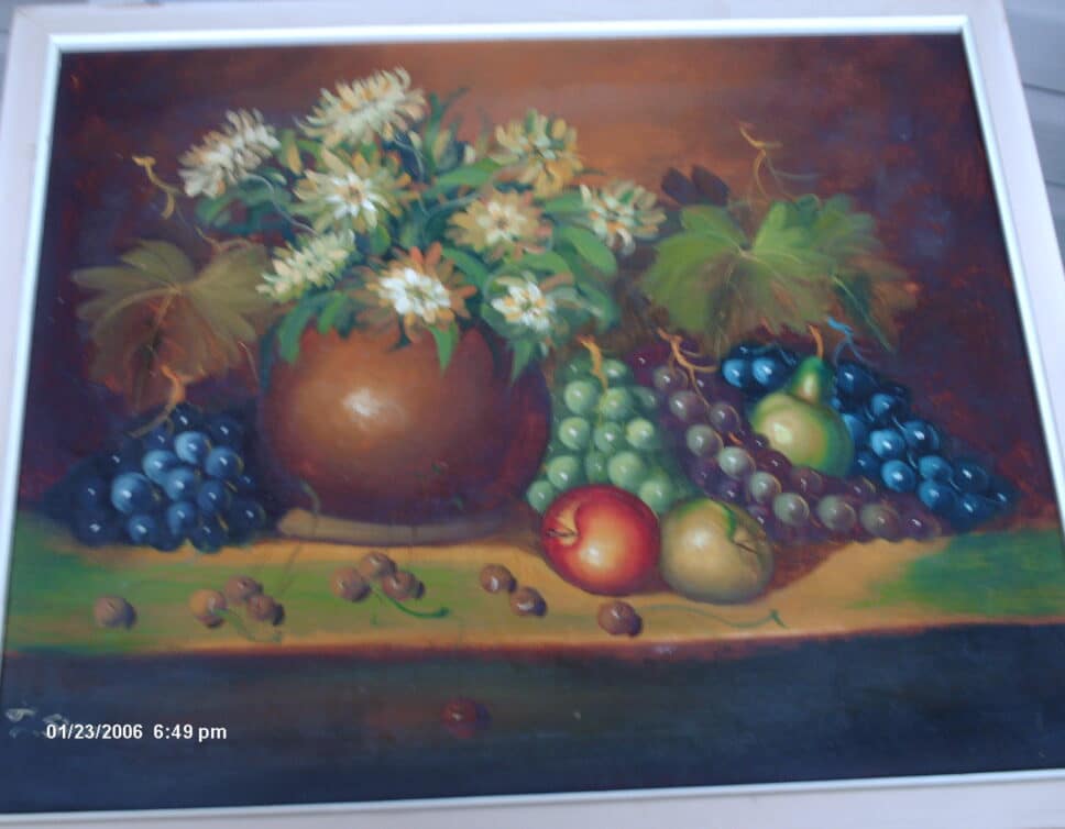 Peinture Tableau, Pastel: vase de fleurs sur table de fruits