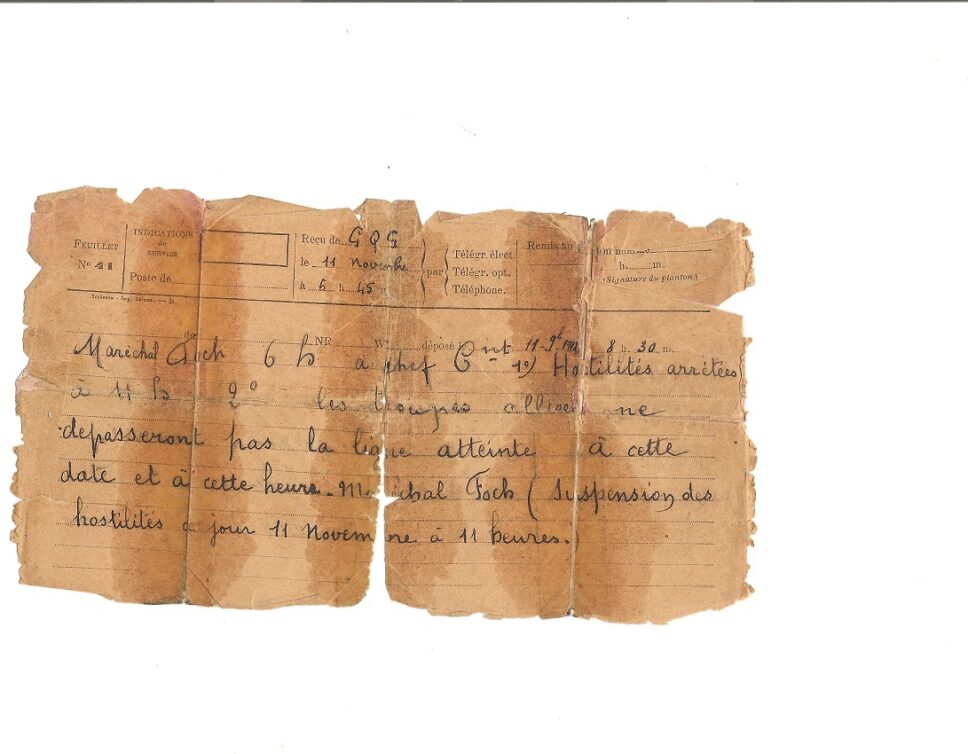 Estimation Livre, manuscrit: télégramme du maréchal Foch  annonçant la fin des hostilité le 11/11/1918