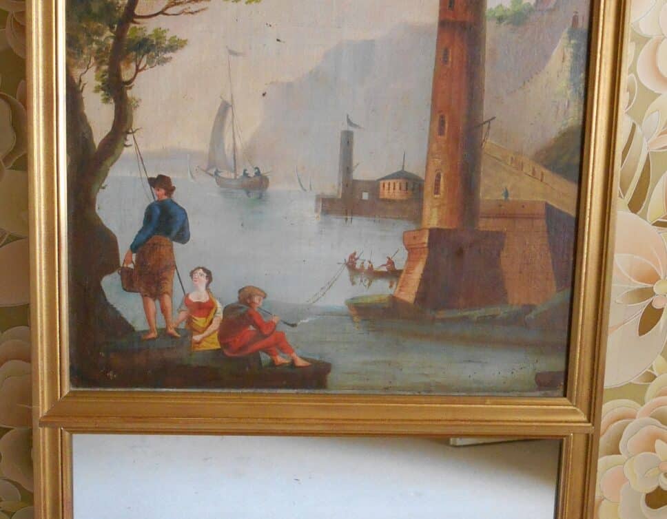 Peinture Tableau, Pastel: Trumeau scène pêche