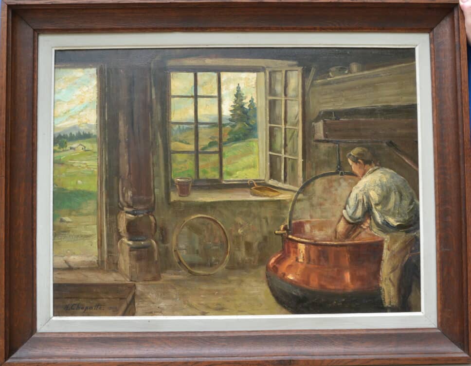 : Henri Chapatte le fromager comtois tableau peint sur isorel 1944