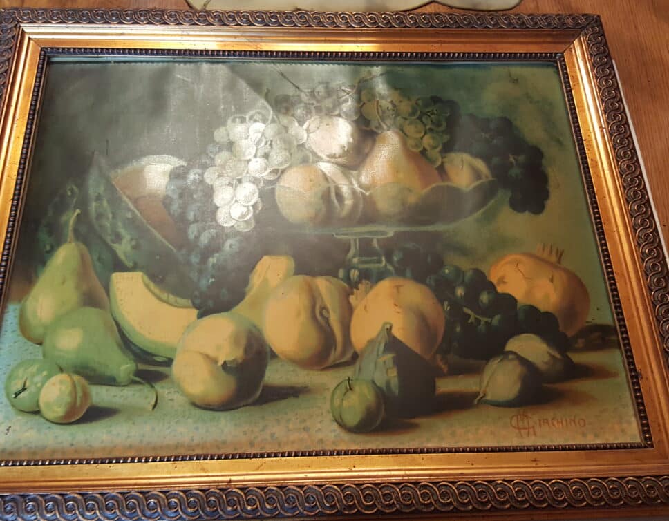 Peinture Tableau, Pastel: Tableau signé Marcello Giachino représentant une coupe avec de nombreux fruits