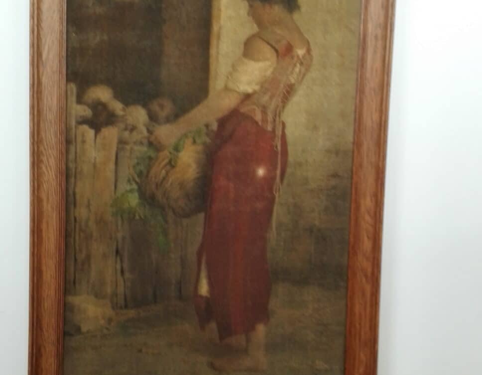 : Caprile « Peasant Girl with Sheep » peinture sur velour 19eme siècle