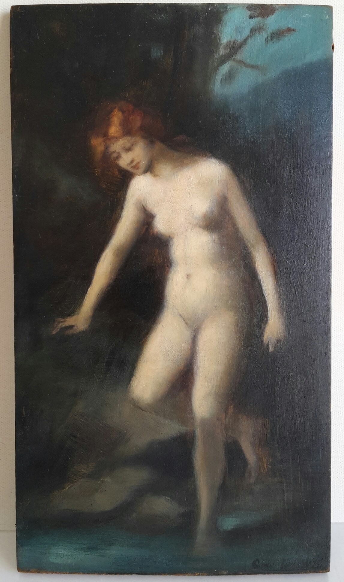 : Germaine Dawis, huile sur panneau de bois, fin XIXÈME siècle,  femme nue entrant dans l eau