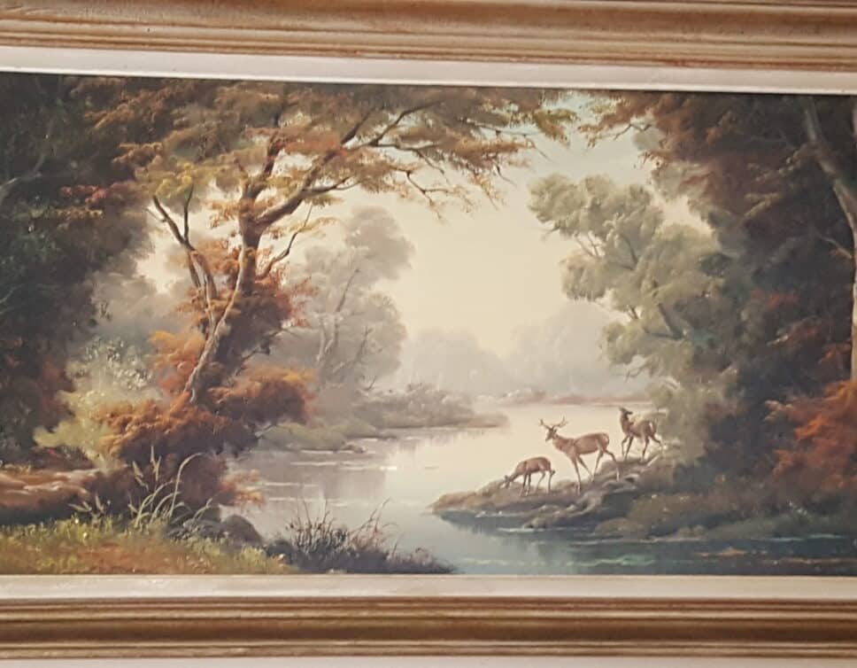 Tableau signé Fleury paysage avec 3 biches peinture à l’huile env. 110 x 65 bon état cadre bois