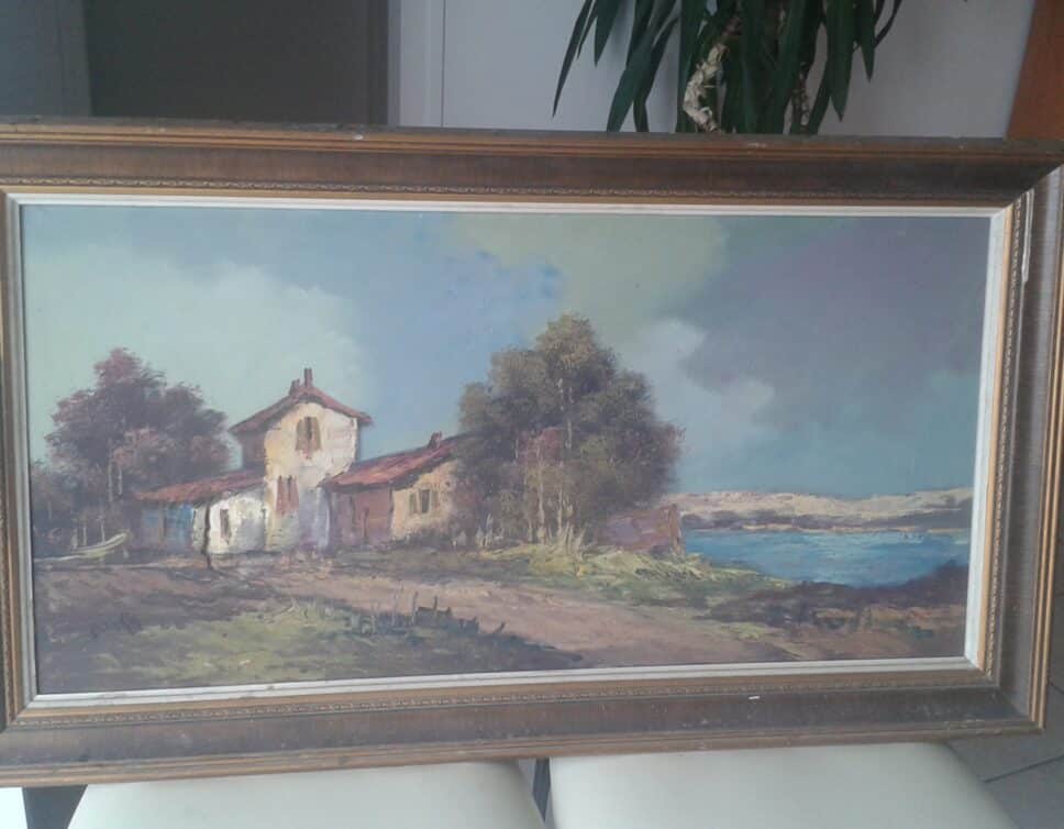 Peinture Tableau, Pastel: mollin .maison au bord d’un lac