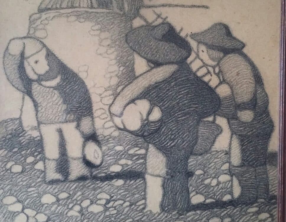 : David Dellepiane, 3 hommes devant un moulin, crayon