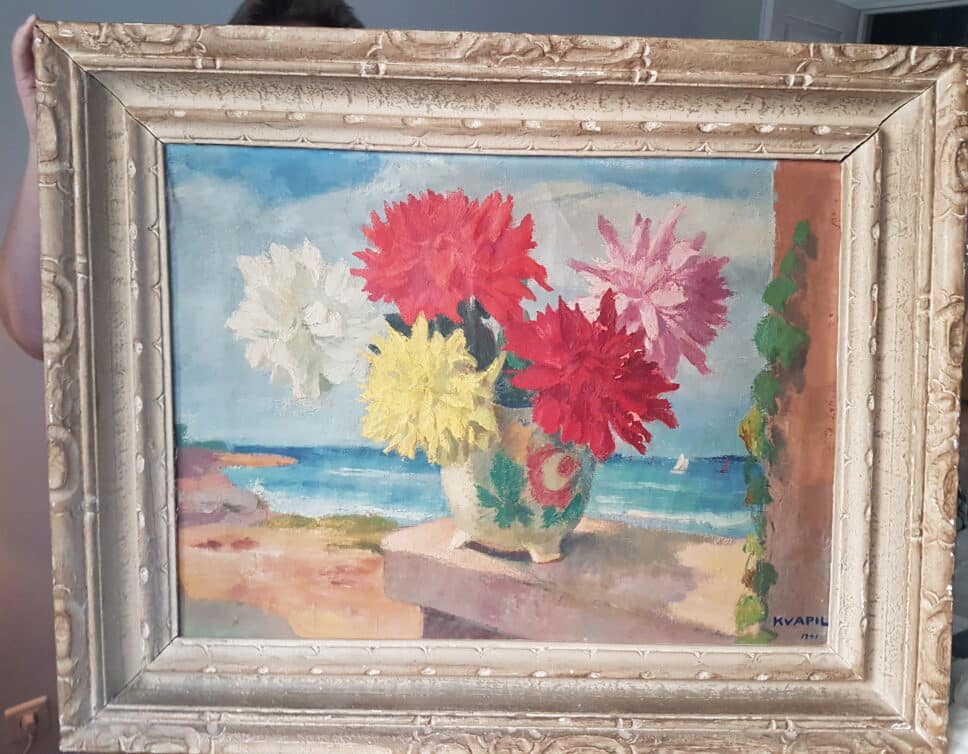 : Kvapil, bouquet de fleur sur fond marin, sur toile, 1941