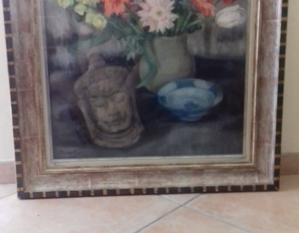 Peinture Tableau, Pastel: masque bouquet de fleurs signe J.PERROTTO