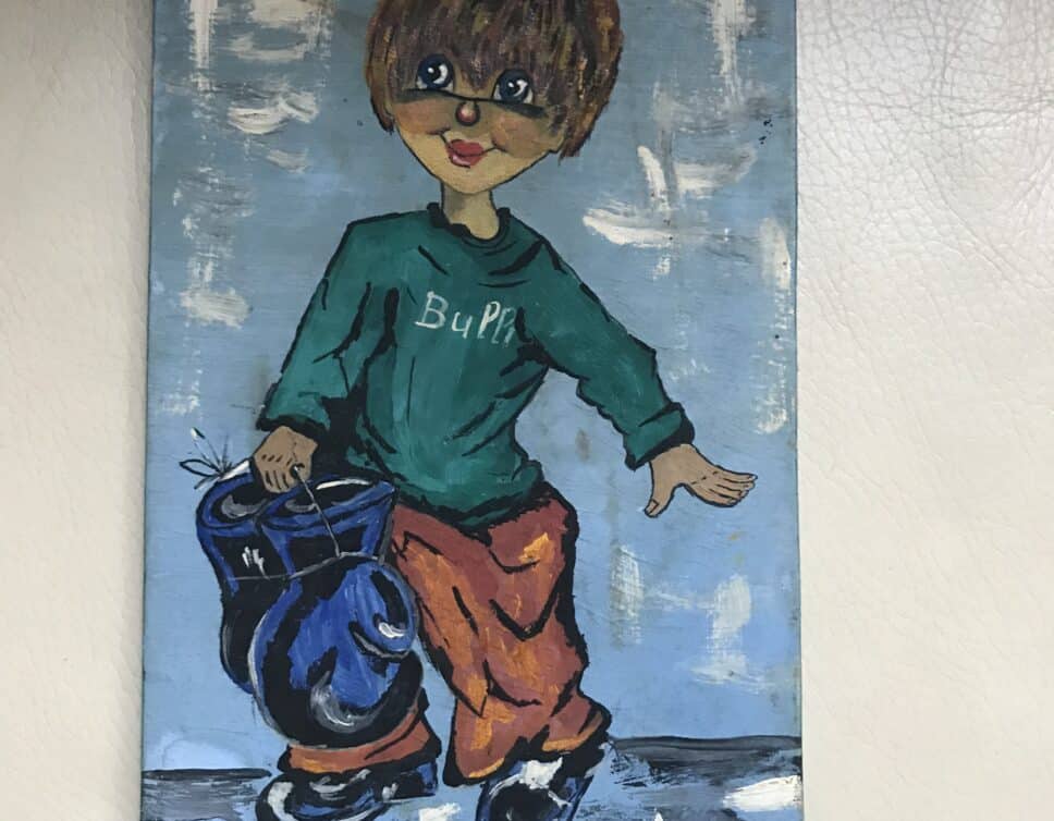 : Peinture jeune garçon sur planche bois de Pesay