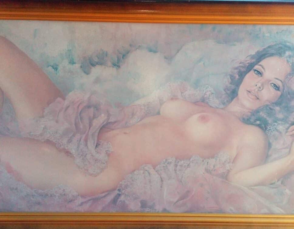Peinture Tableau, Pastel: femme rousse nue coucher
