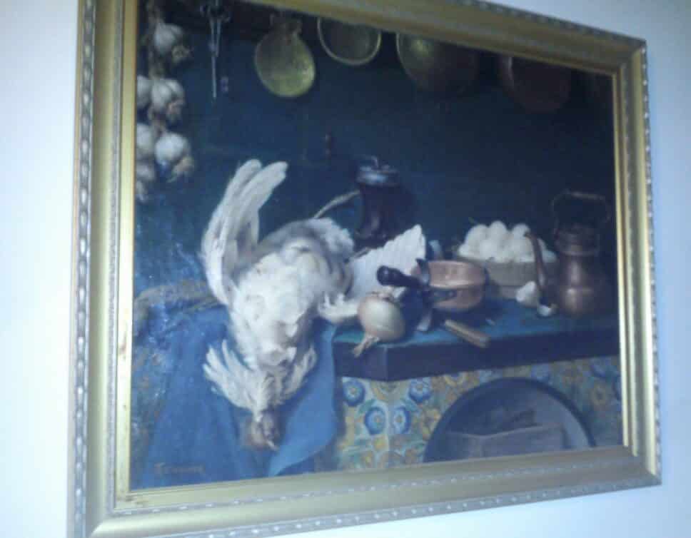 : huile sur toile de ATrinquier 1868? « volaille et cuivre en cuisine »