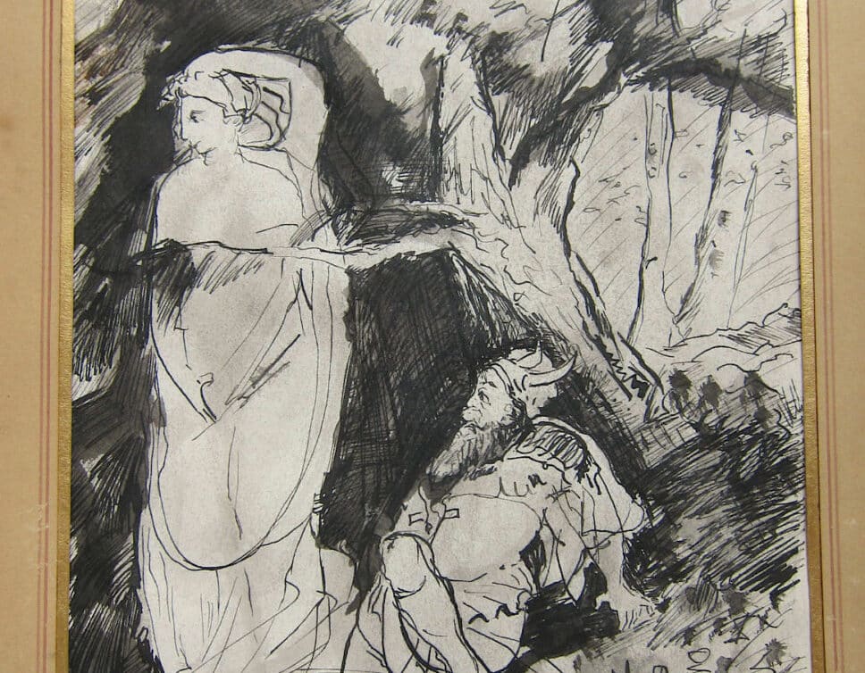 : Odilon Redon – Faune à la statue – Dessin à l’encre sur papier – XIXe siècle