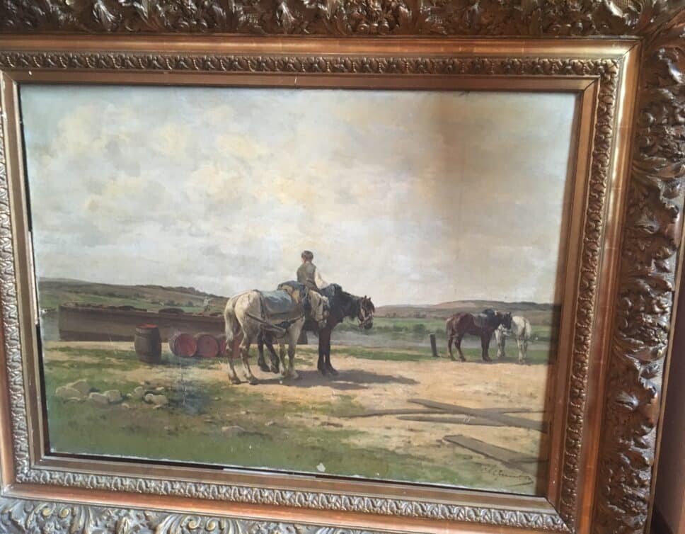 : Clément Quinton paysan avec ses chevaux sur toile encadrement doré