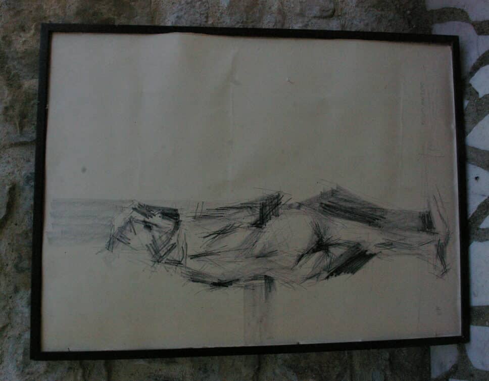 : Fromanger, fusain, femme nue de dos + femme nue de profil en appuie contre un mur, sur papier.