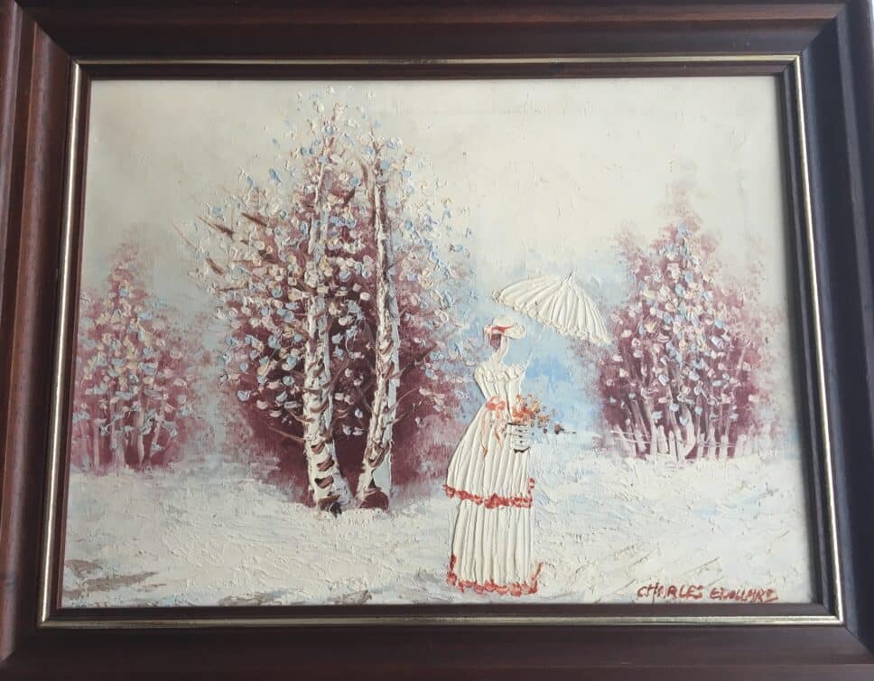 : Peinture huile sur toile signée Charles Edouard, femme en habit d’époque dans paysage de campagne