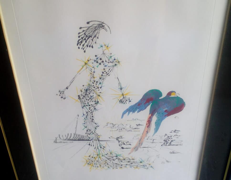 Peinture Tableau, Pastel: femme au perroquet d’apres dali