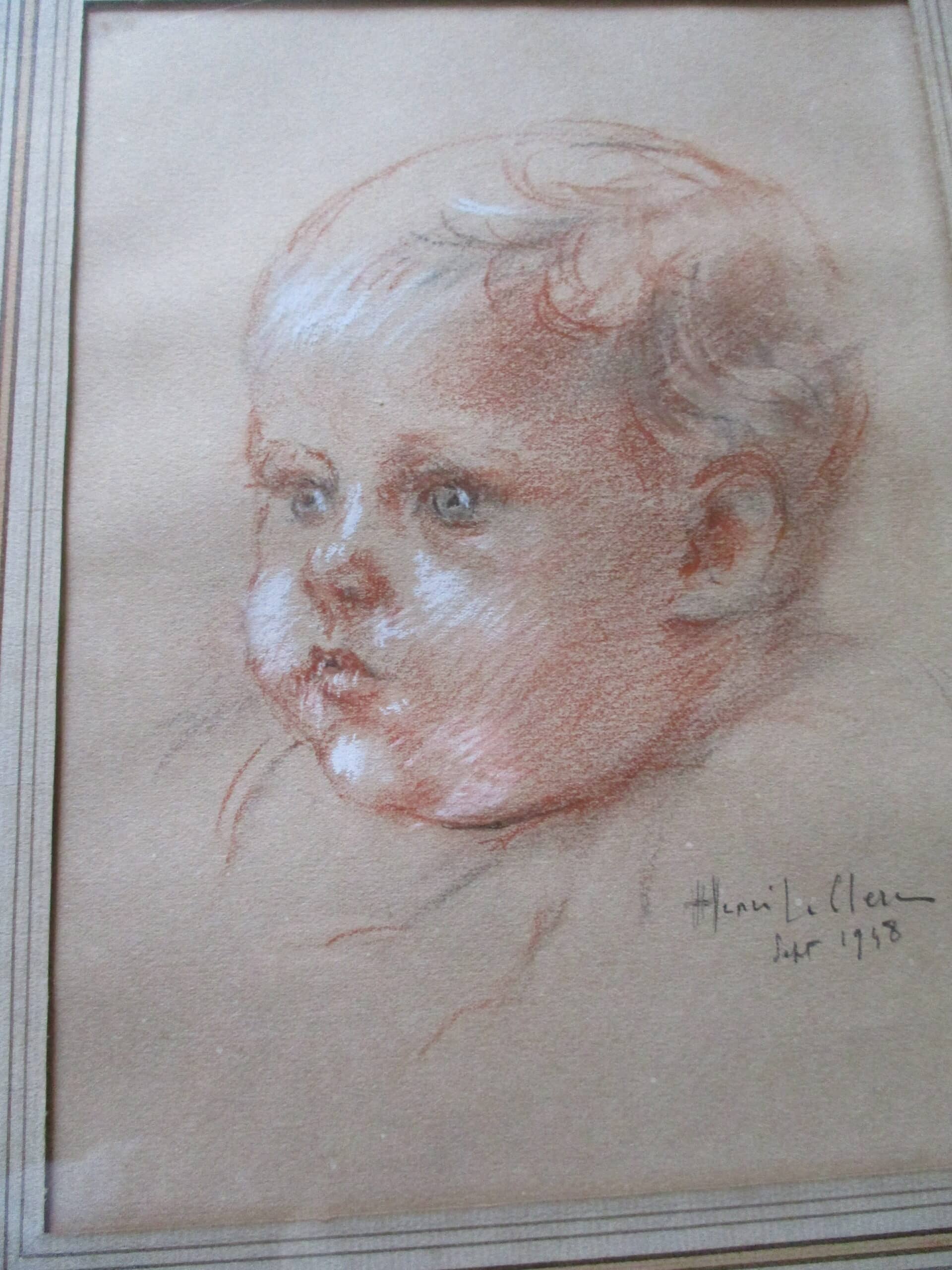 DESSIIN   FUSAIN VISAGE D’ENFANT    HENRI LECLERC 1948