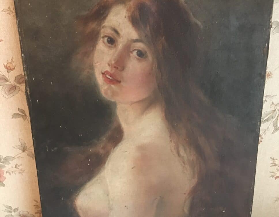 : A.D La Lyre, femme rouse au buste dénudées, sur toile