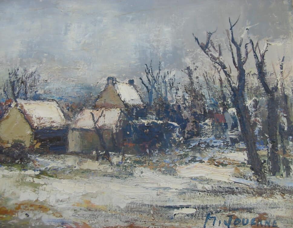: Une peinture à l’huile de 80 cmx40cm  » Paysage de Neige » de Michel JOUENNE  datée des années 1950