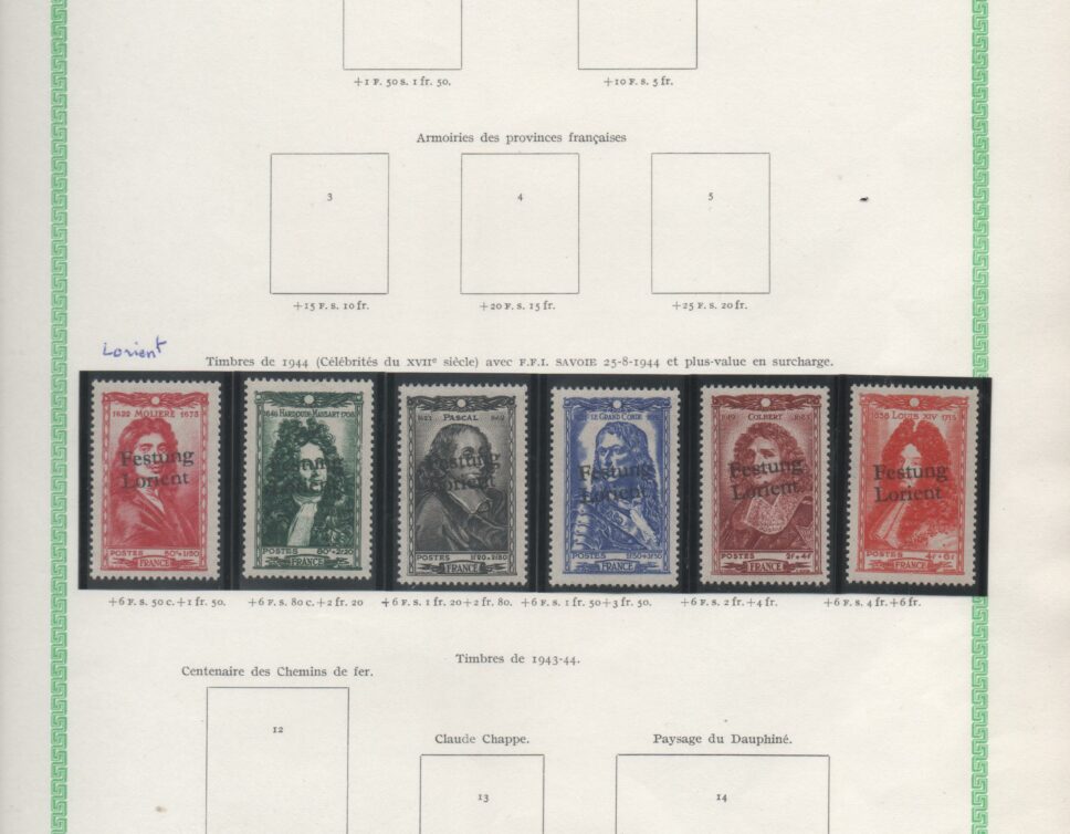 série de timbres Français neufs ** Louis XIV avec la mention Festung Lorient dessus