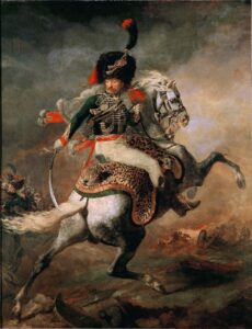 Officier de chasseurs à cheval de la garde impériale chargeant ou Chasseur de la garde (1812), Paris, musée du Louvre. Portrait équestre du lieutenant Dieudonné.