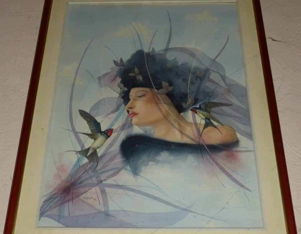 Peinture Tableau, Pastel: femme et colibri