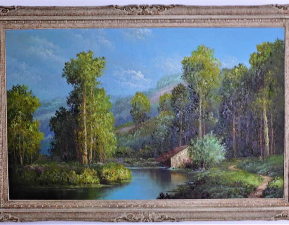 Peinture Tableau, Pastel: Tableau signé Roger Houck, Sous bois avec cabane au bord rivière