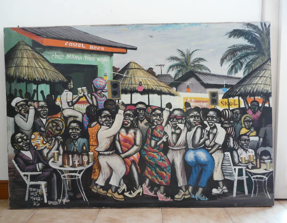 : MOKE  « au bar » support :sac de farine de minoterie de matadi avec cadre en bois wenge 1986
