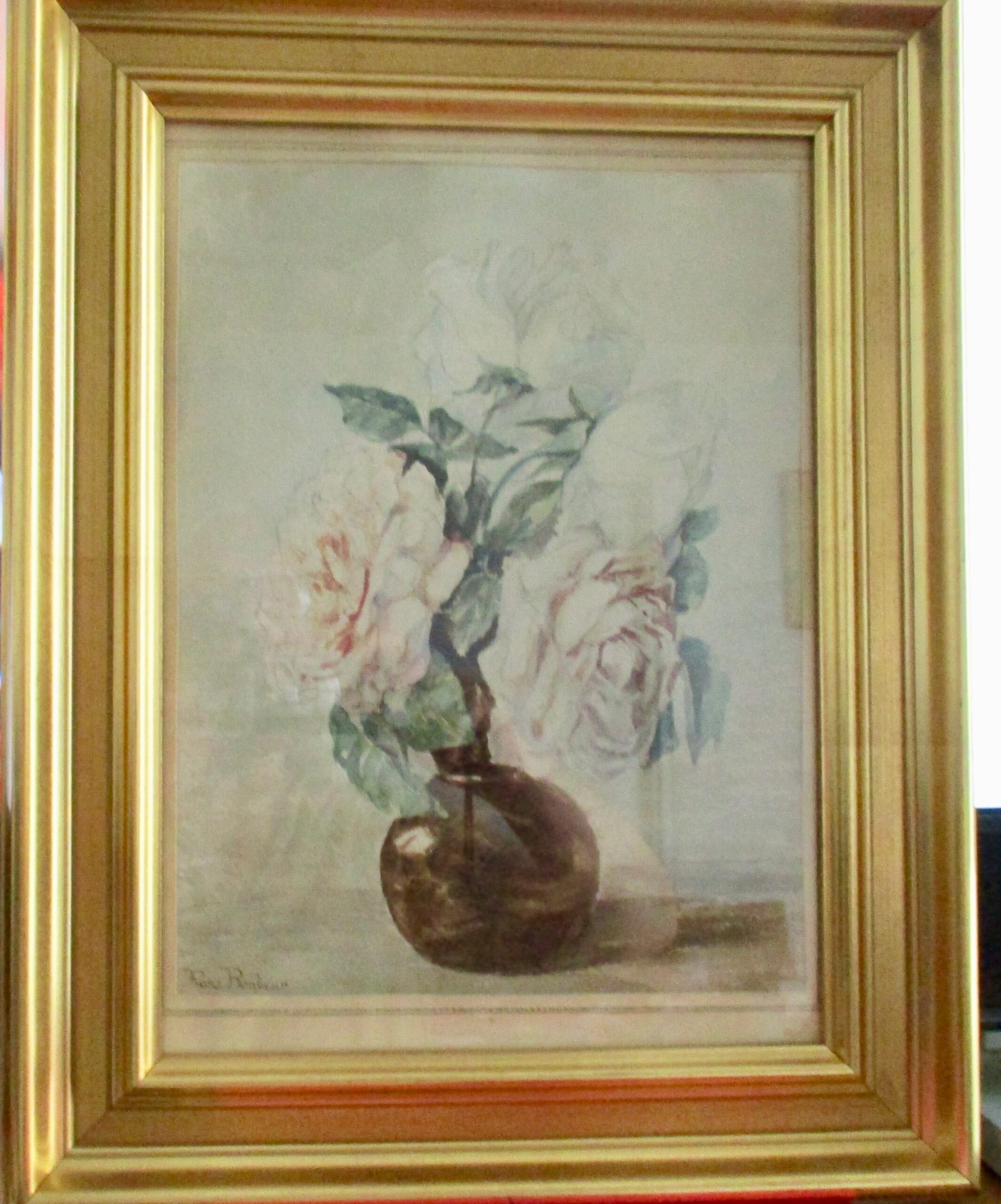 Peinture Tableau, Pastel: Aquarelle, pastel ou dessin de Rosa Bonheur : roses dans vase marron