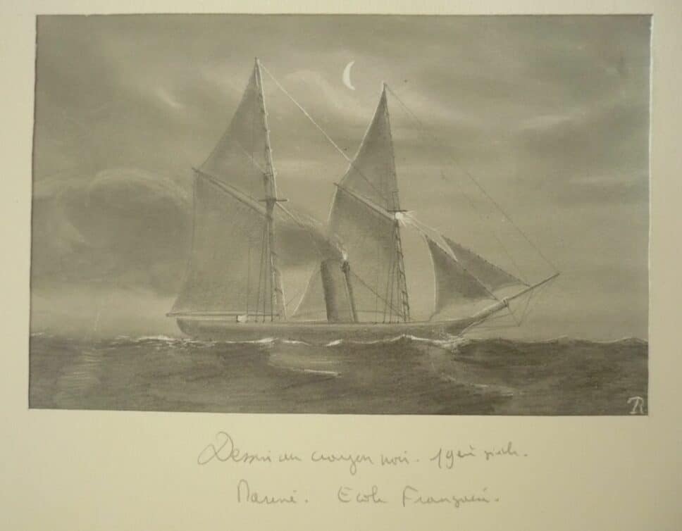 Dessin au crayon noir XIXème siécle marine René Tourneux Ecole Française