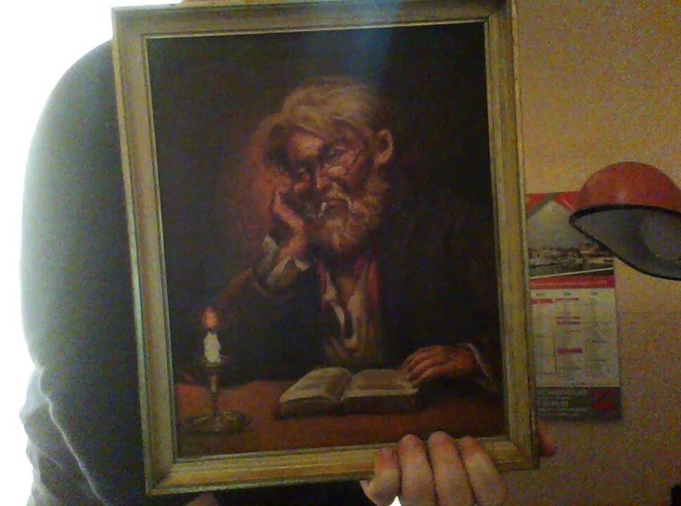 : José Galvan vieil homme à la cigarette lisant à la lumière d’une bougie peinture sur toile dans les années 69
