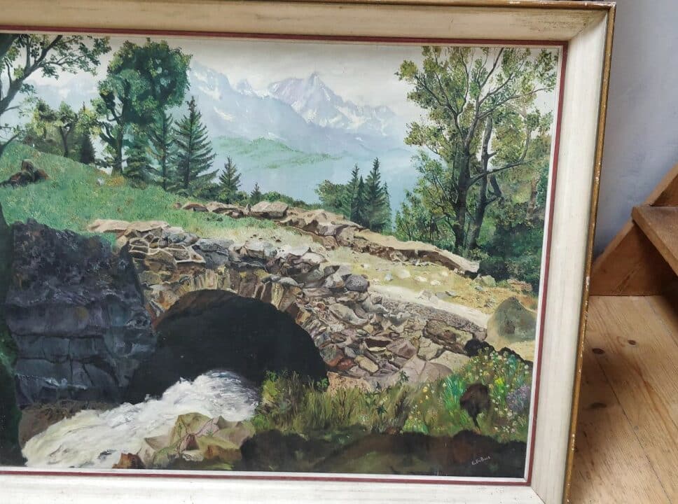 : C.Dubois, une petit pont en pierre sur un fond montagneux, peint sur toile