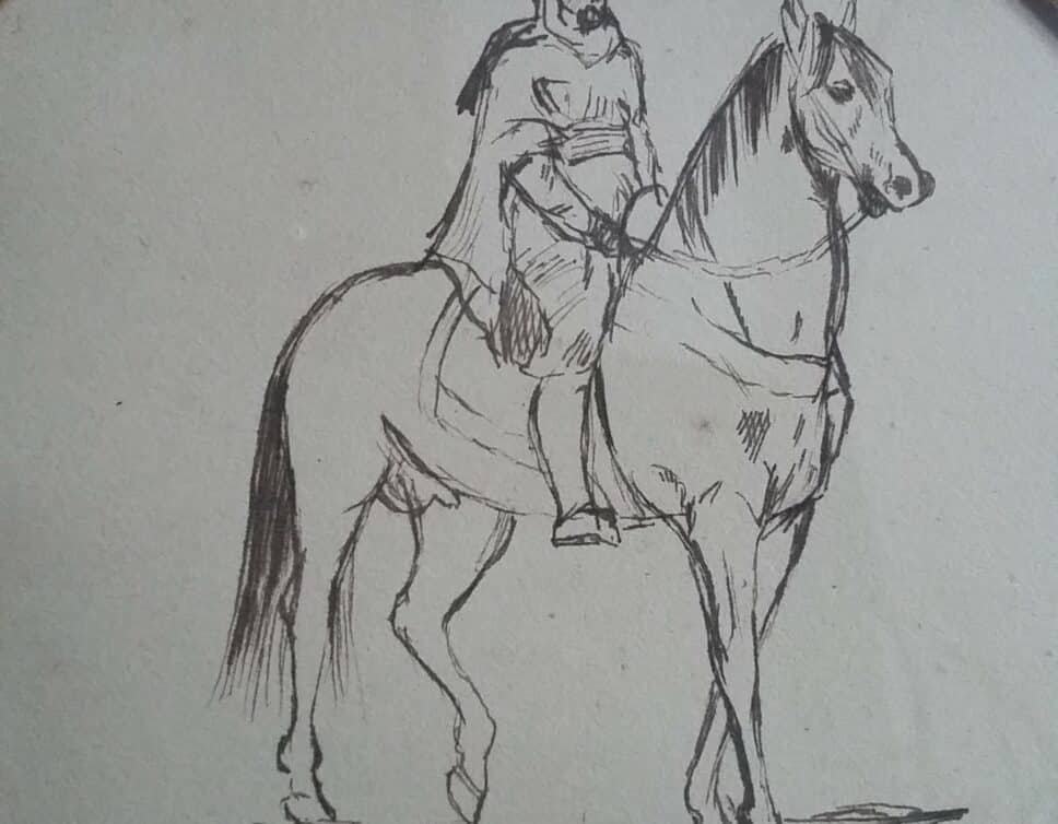 : Dessin de cavalier à la plume par Vladimir Makowski daté et signé en1876