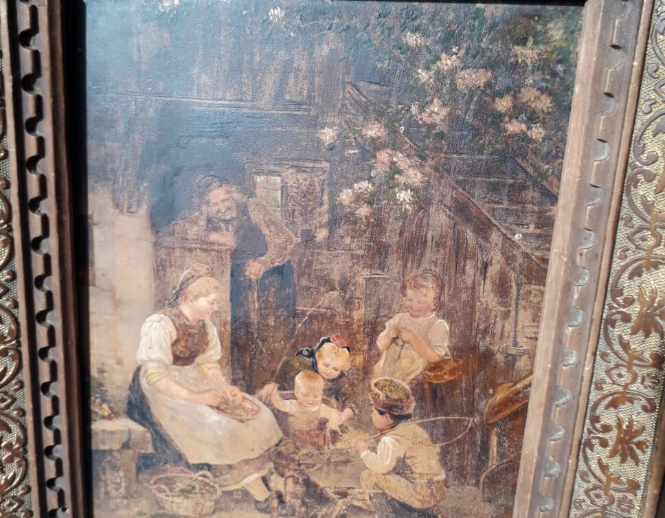: Peintre Blume-Siebert, sujet 4 enfants et 2 femmes à l’intérieur, support bois, création fin 19eme ou début 20eme