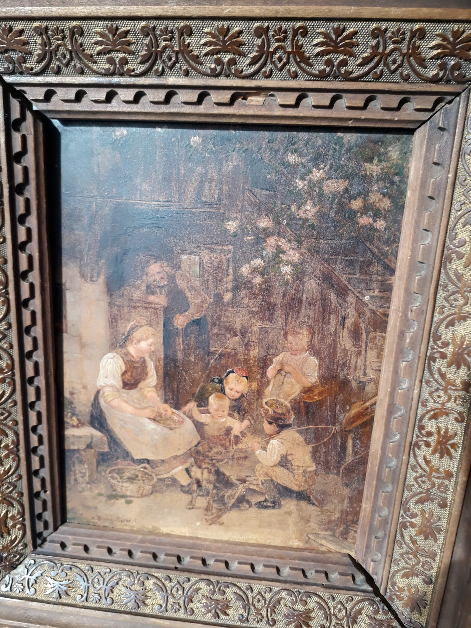 : Peintre Blume-Siebert, sujet 4 enfants et 2 femmes à l’intérieur, support bois, création fin 19eme ou début 20eme