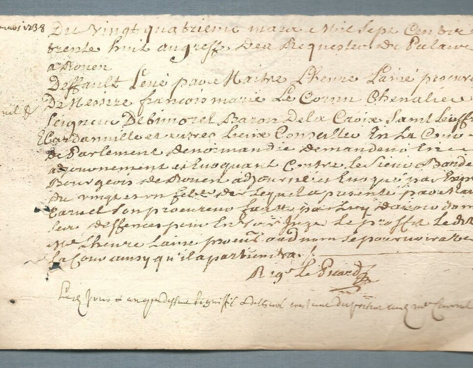 Estimation Livre, manuscrit: Requête 1738 du Chevalier Seigneur de Bimorel