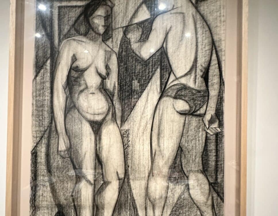 Estimation de l’œuvre d’art CONVERSATION INTIME de Marceau Constantin, réalisée en 1954 – Fusain sur papier japonais, dimensions 100 x 65 cm, couple nu.
