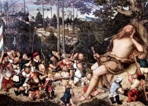 Lucas Cranach Le jeune. 1515-1586 Wittenberg. Hercule endormi et les Pygmées. The sleeping Hercules and the Pygmies 1551. Dresde. Gemäldegalerie alte meister. Estimation Lucas Cranach le Jeune gratuite