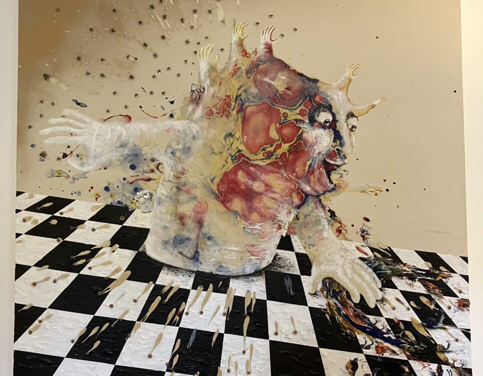 Estimation de la valeur de l’oeuvre d’art ‘Tableau Marlene Moquet’ – Peinture et collage en bas-relief datant de 2014